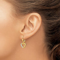 14K Yellow Gold Textured Heart Leverback Earrings with Rhodium Detail by Oro Pregiato
