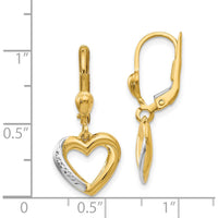 14K Yellow Gold Textured Heart Leverback Earrings with Rhodium Detail by Oro Pregiato