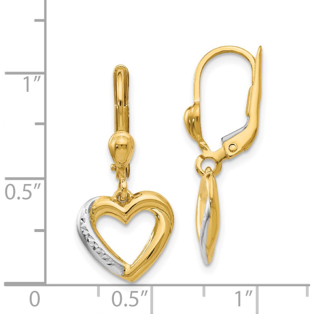 14K Yellow Gold Textured Heart Leverback Earrings with Rhodium Detail by Oro Pregiato