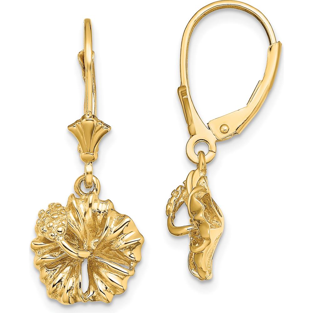 14K Yellow Gold Textured Hibiscus Flower Leverback Drop Earrings by 0