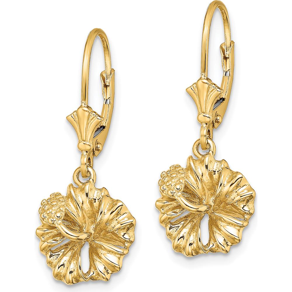 14K Yellow Gold Textured Hibiscus Flower Leverback Drop Earrings by 0