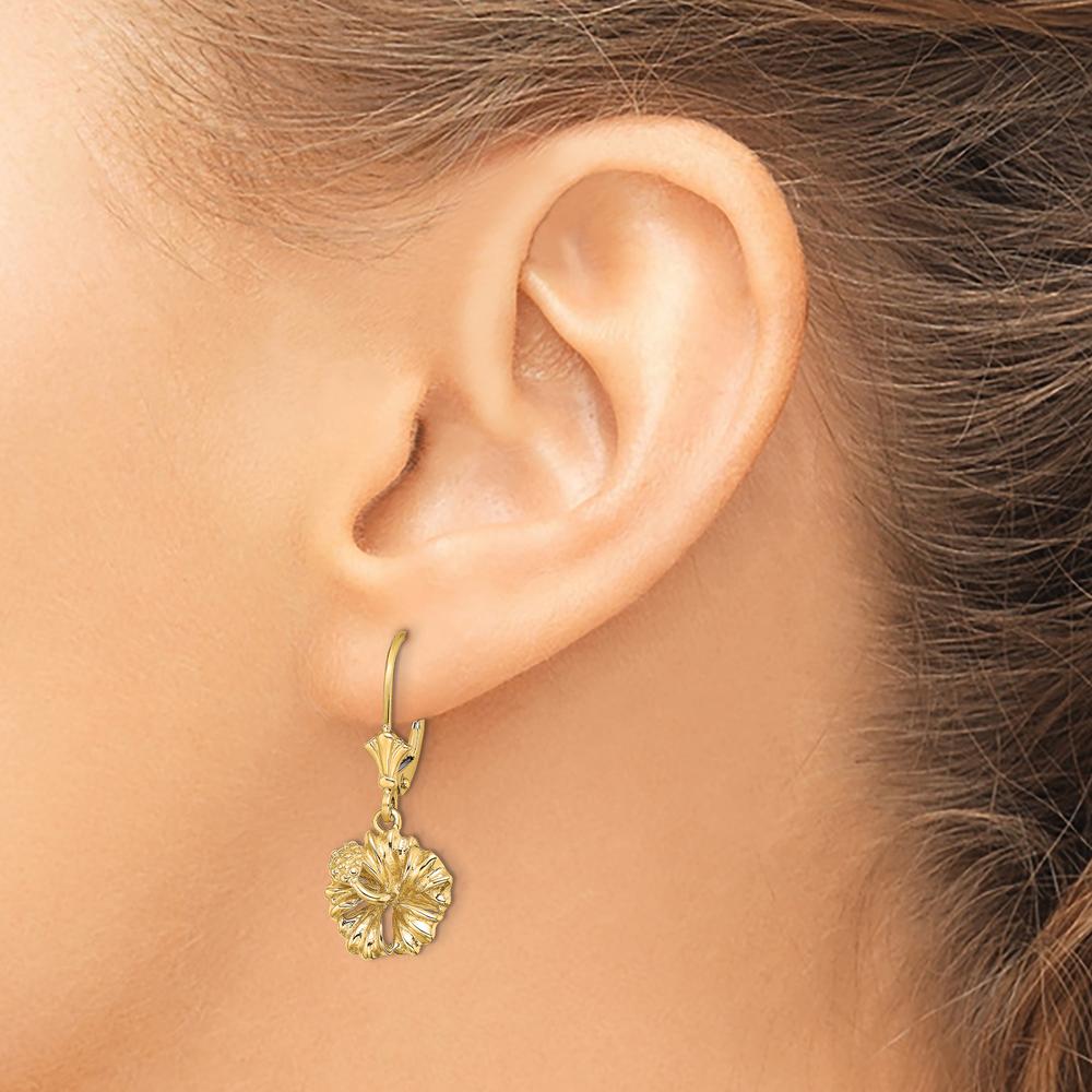 14K Yellow Gold Textured Hibiscus Flower Leverback Drop Earrings by 0