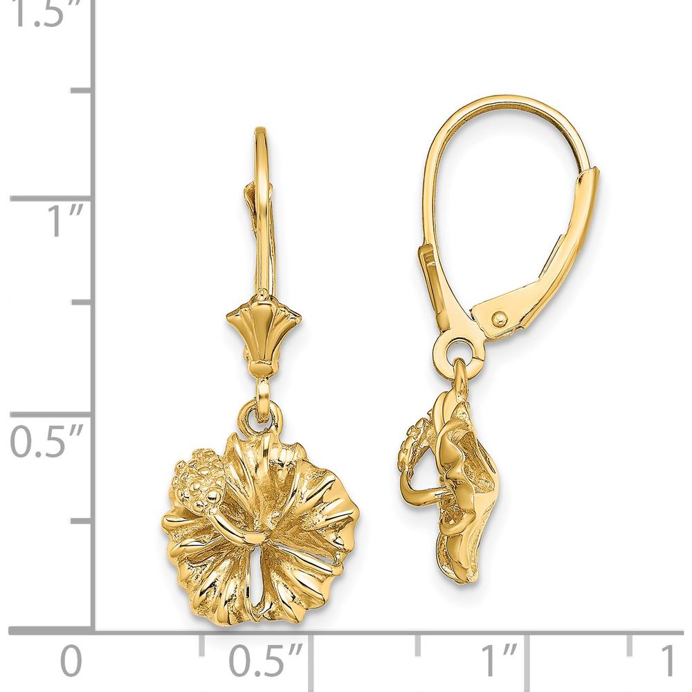 14K Yellow Gold Textured Hibiscus Flower Leverback Drop Earrings