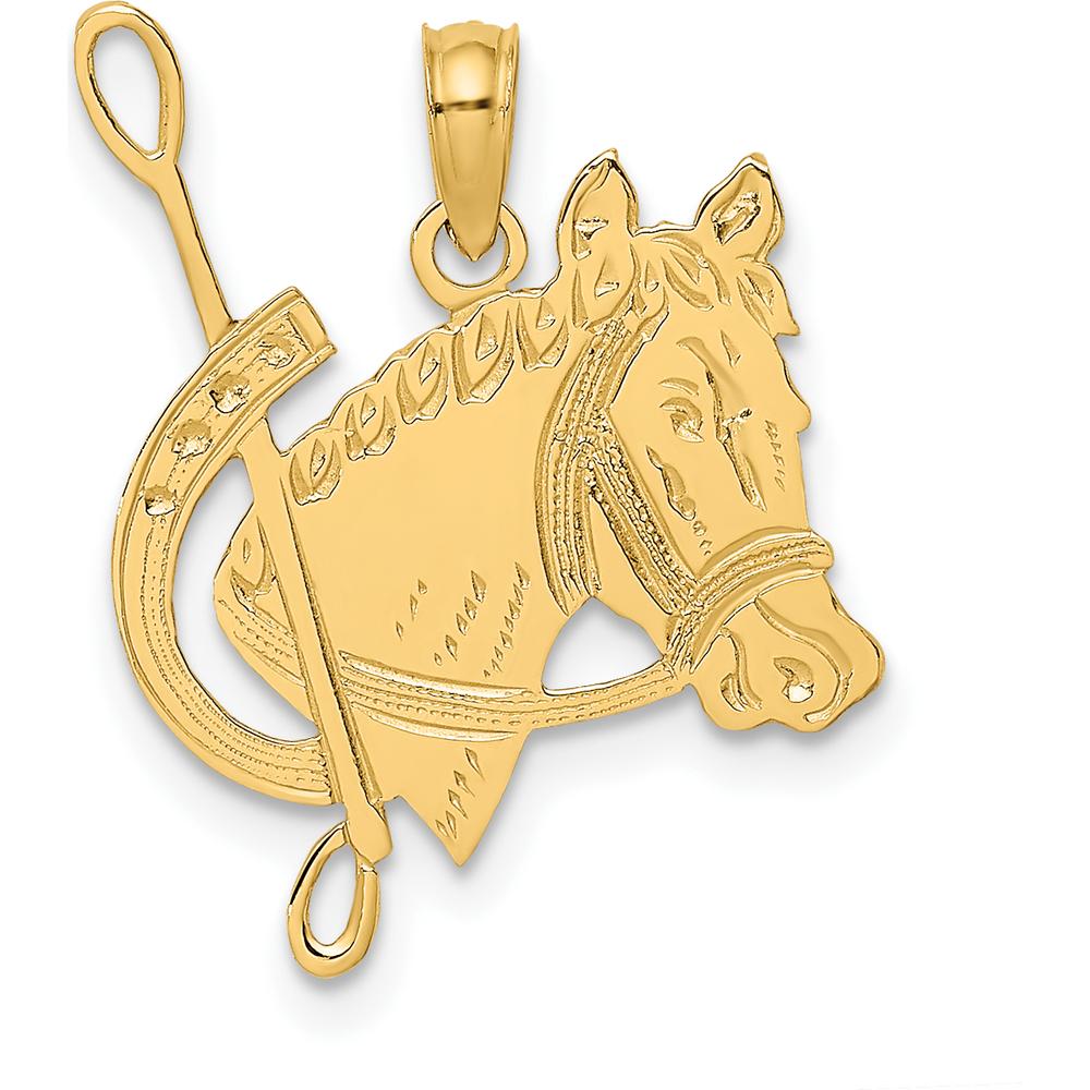 14K Yellow Gold Textured Horse Head Pendant with Crop and Shoe Charm by Oro Pregiato