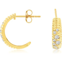 14K Yellow Gold Textured Huggie Hoop Earrings with Flush-Set Round Diamonds - 0.25 Carat Total Diamond Weight - Royal Jewelry