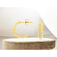 14K Yellow Gold Textured Huggie Hoop Earrings with Flush-Set Round Diamonds - 0.25 Carat Total Diamond Weight - Royal Jewelry