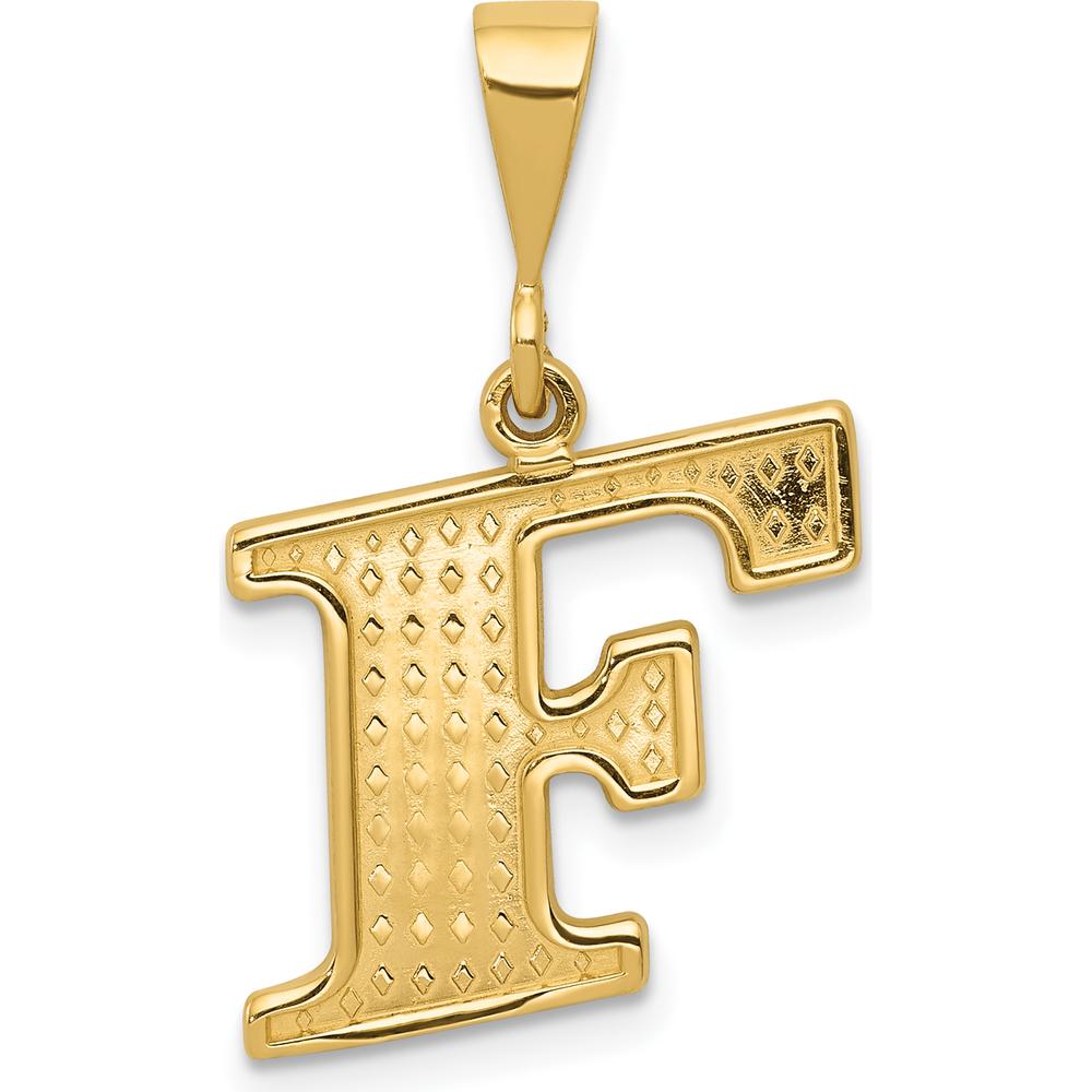 14K Yellow Gold Textured Initial F Charm Pendant - Elegant Statement Piece by Oro Pregiato