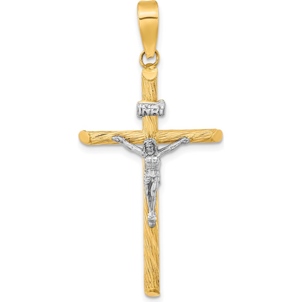 14K Yellow Gold Textured INRI Crucifix Cross Pendant with White Rhodium Accents - 46.45mm Length by Oro Pregiato