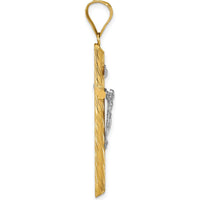 14K Yellow Gold Textured INRI Crucifix Cross Pendant with White Rhodium Accents - 46.45mm Length by Oro Pregiato