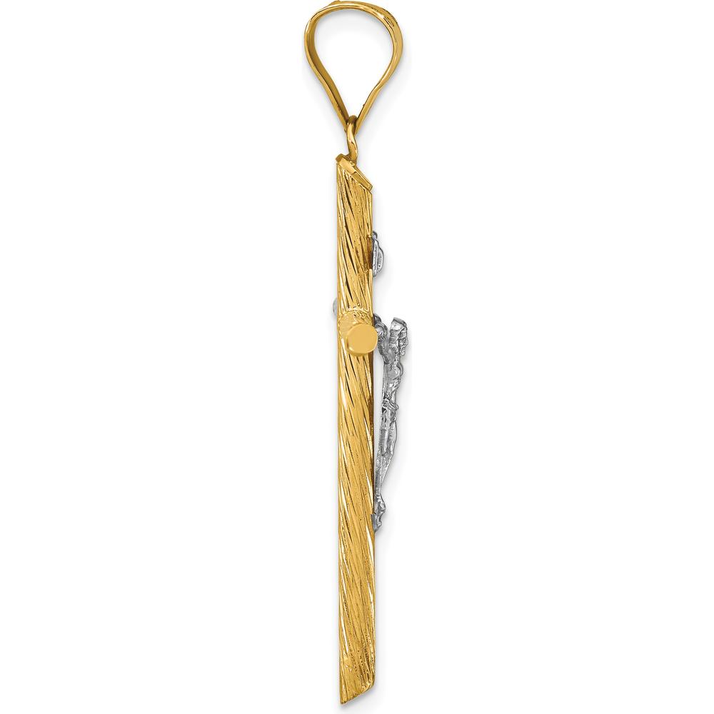 14K Yellow Gold Textured INRI Crucifix Cross Pendant with White Rhodium Accents - 46.45mm Length by Oro Pregiato