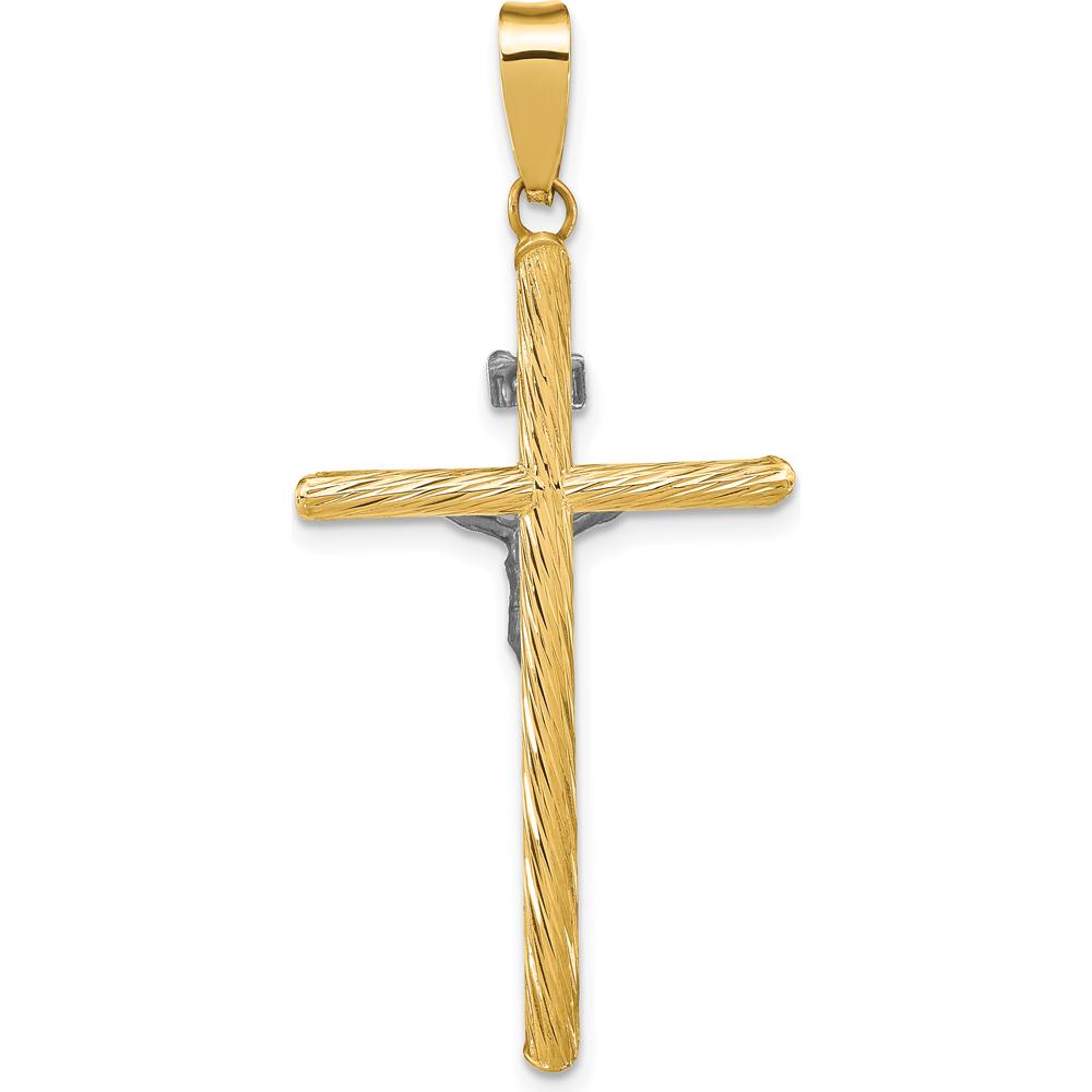 14K Yellow Gold Textured INRI Crucifix Cross Pendant with White Rhodium Accents - 46.45mm Length by Oro Pregiato