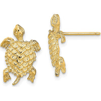 14K Yellow Gold Textured Land Turtle Post Earrings - 15.95mm Length by 0