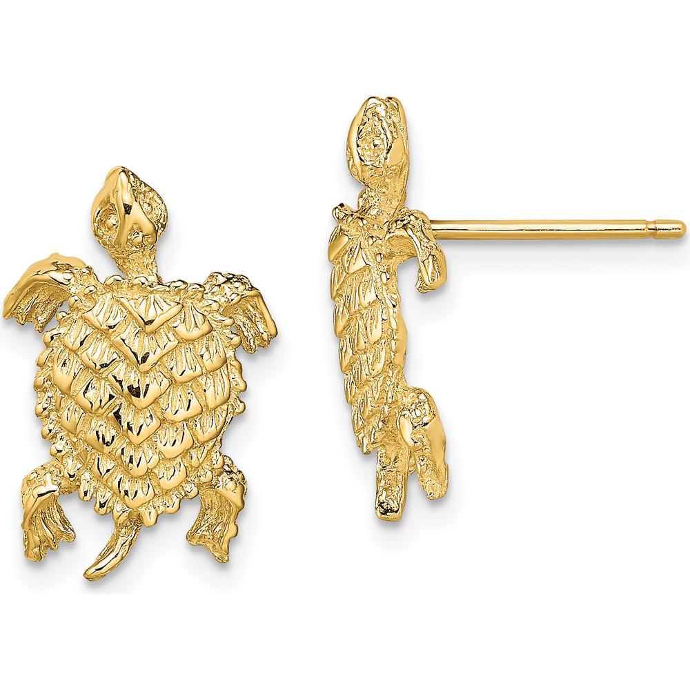 14K Yellow Gold Textured Land Turtle Post Earrings - 15.95mm Length by 0
