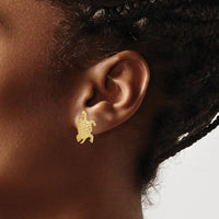 14K Yellow Gold Textured Land Turtle Post Earrings - 15.95mm Length by 0