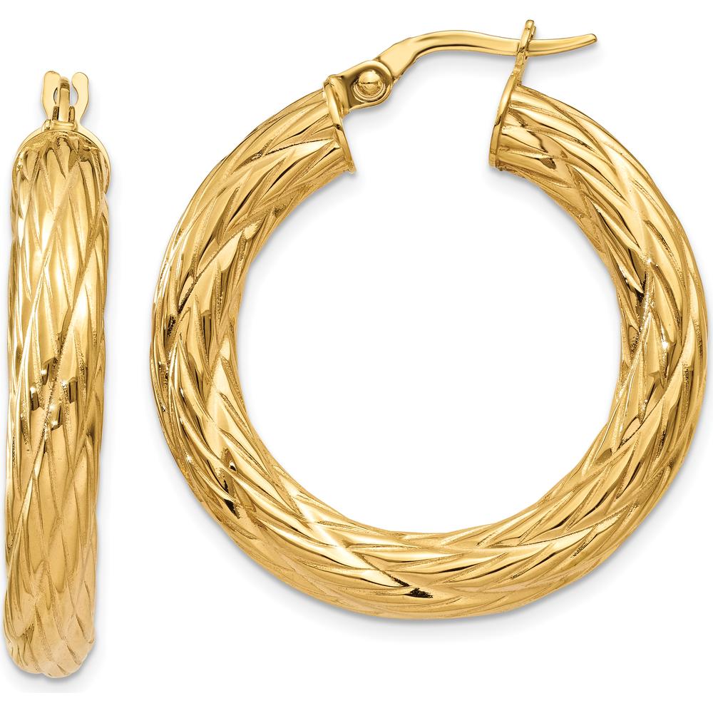 14K Yellow Gold Textured Large Hoop Earrings - Polished Finish by 0
