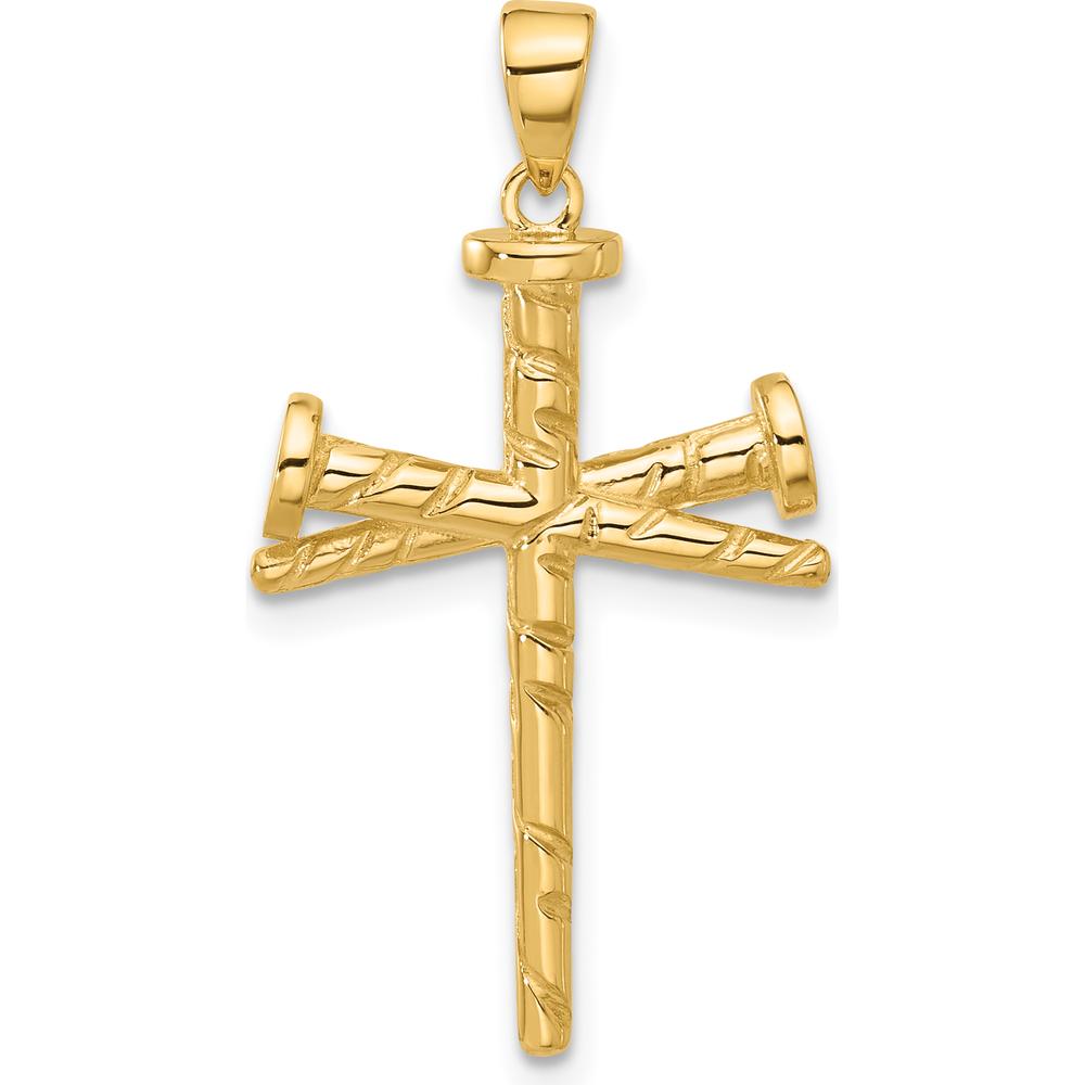 14K Yellow Gold Textured Nails Cross Pendant with Polished Finish - 32mm Length by Oro Pregiato