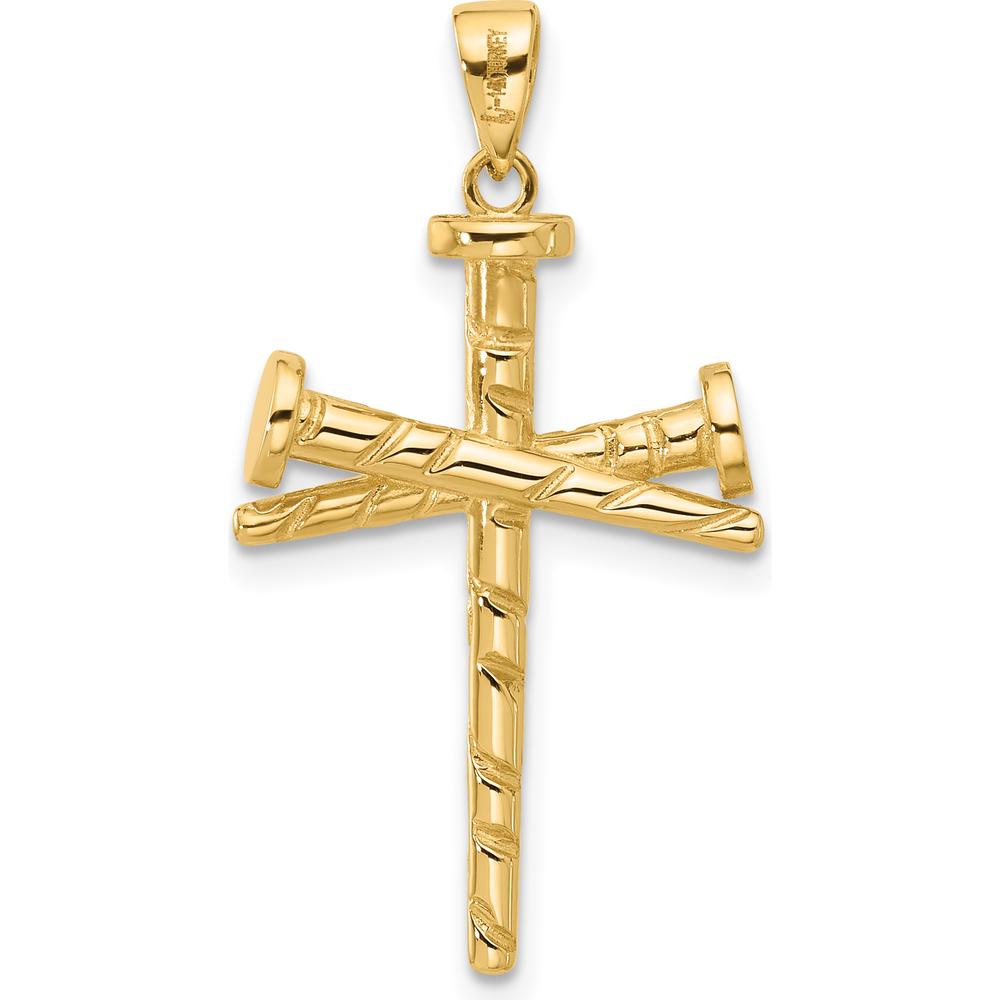 14K Yellow Gold Textured Nails Cross Pendant with Polished Finish - 32mm Length by Oro Pregiato