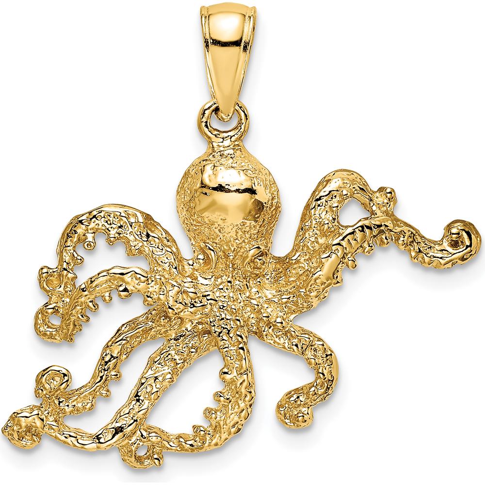 14K Yellow Gold Textured Octopus Charm Pendant - 26mm Length by Oro Pregiato