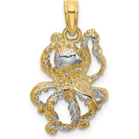 14K Yellow Gold Textured Octopus Charm with Rhodium Accents - 22mm Length by Oro Pregiato