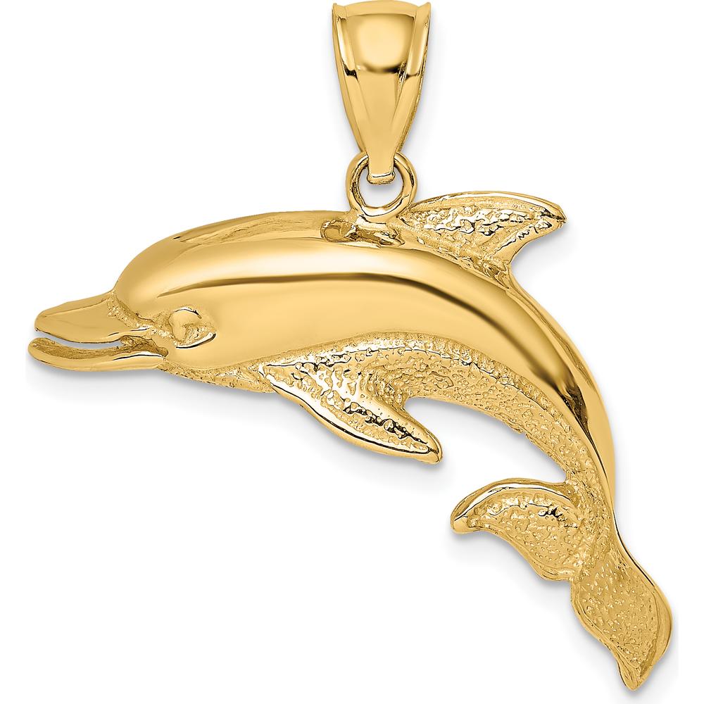 14K Yellow Gold Textured Open Mouth Dolphin Pendant Charm - 30mm Length by Oro Pregiato