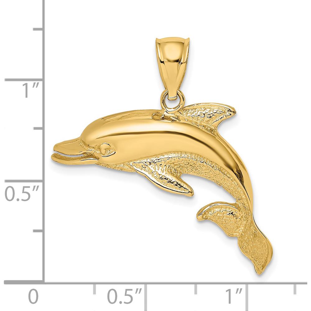 14K Yellow Gold Textured Open Mouth Dolphin Pendant Charm - 30mm Length by Oro Pregiato