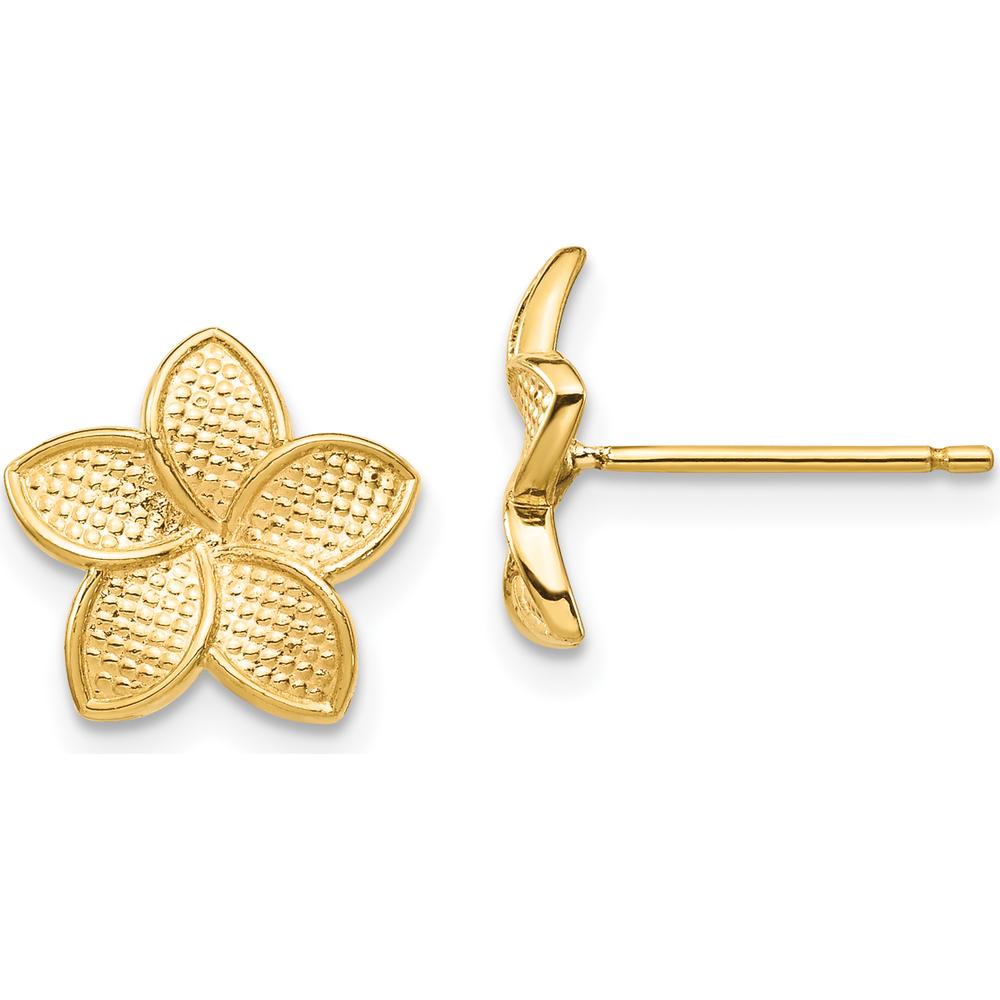 14K Yellow Gold Textured Plumeria Flower Stud Earrings by 0