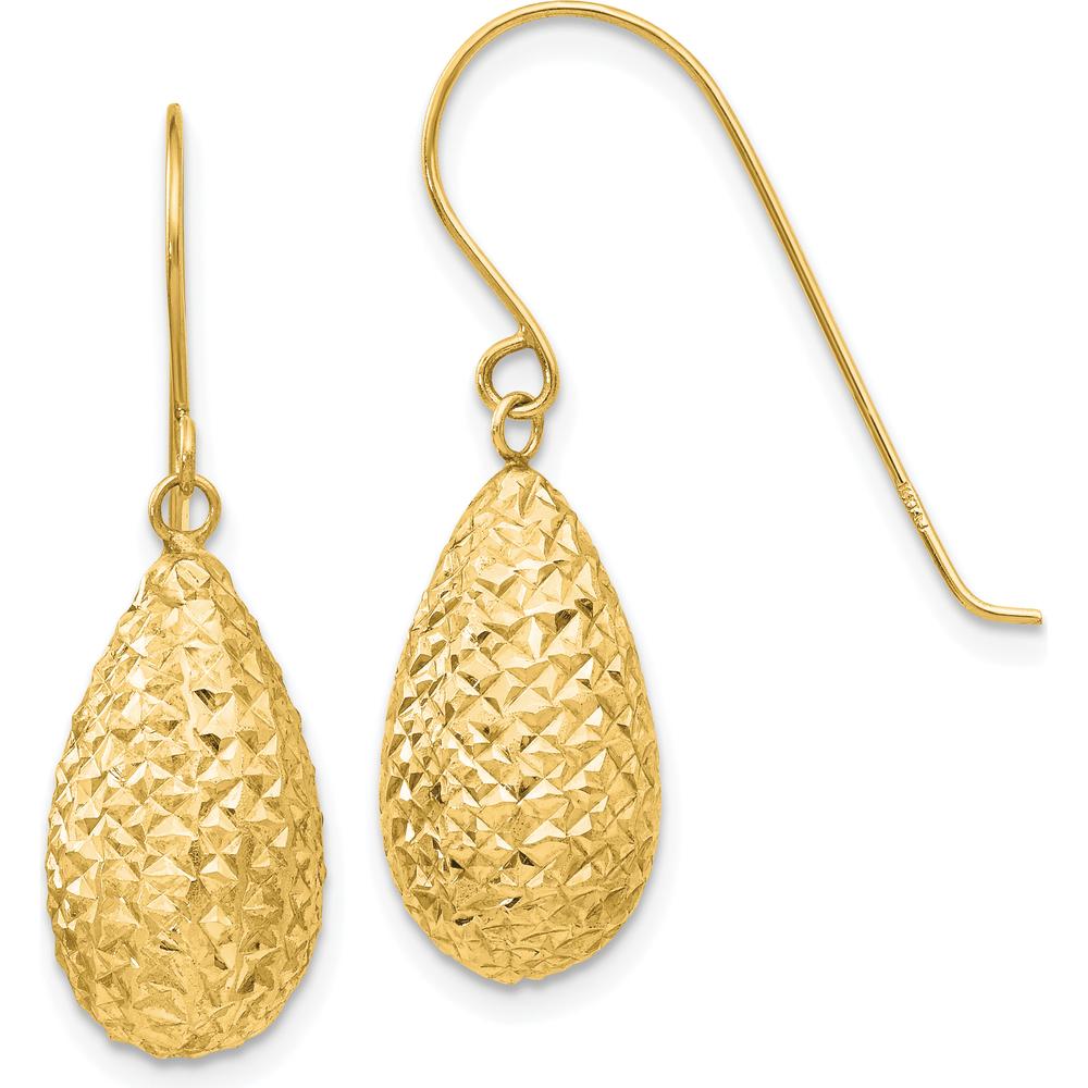 14K Yellow Gold Textured Puff Teardrop Earrings with French Wire Closure - 27mm Drop Length by 0
