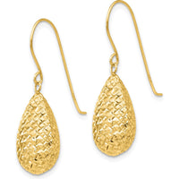 14K Yellow Gold Textured Puff Teardrop Earrings with French Wire Closure - 27mm Drop Length by 0