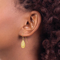 14K Yellow Gold Textured Puff Teardrop Earrings with French Wire Closure - 27mm Drop Length by 0