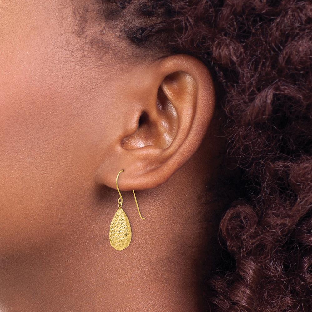 14K Yellow Gold Textured Puff Teardrop Earrings with French Wire Closure - 27mm Drop Length by 0
