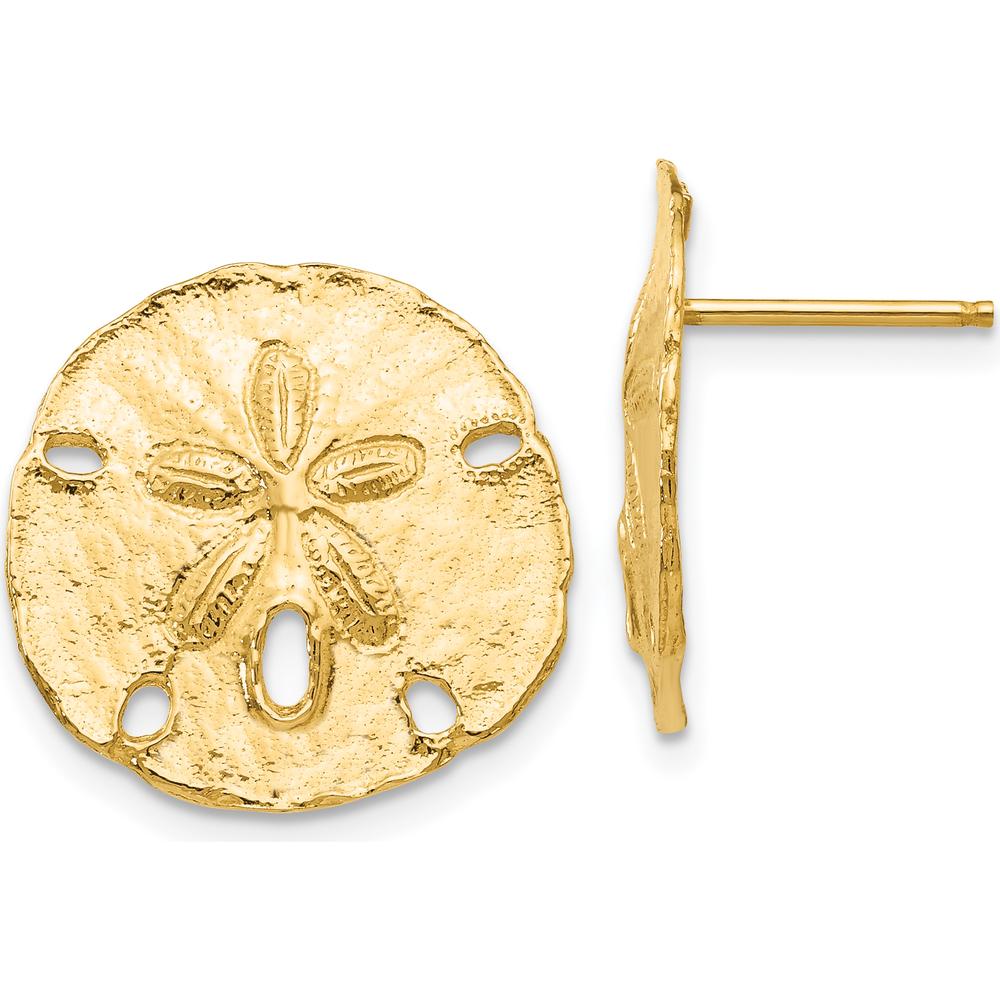 14K Yellow Gold Textured Sand Dollar Post Earrings - Elegant Ocean-Inspired Design by 0