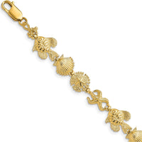 14K Yellow Gold Textured Sea Life Station Bracelet with Fish, Seashell, and Starfish Charms - 7" Length by Oro Pregiato