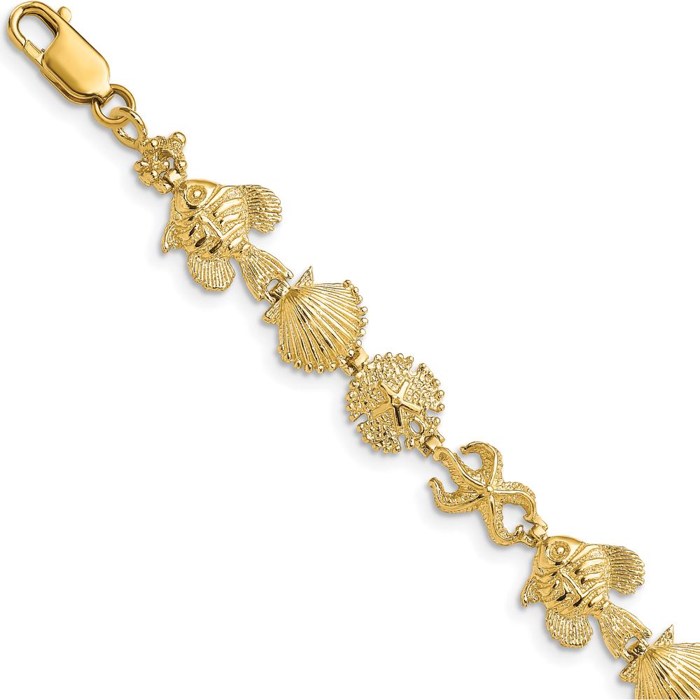 14K Yellow Gold Textured Sea Life Station Bracelet with Fish, Seashell, and Starfish Charms - 7" Length by Oro Pregiato