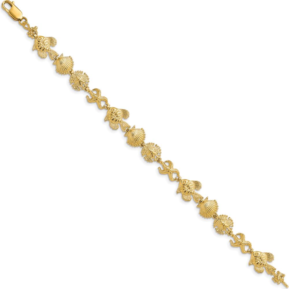 14K Yellow Gold Textured Sea Life Station Bracelet with Fish, Seashell, and Starfish Charms - 7" Length by Oro Pregiato