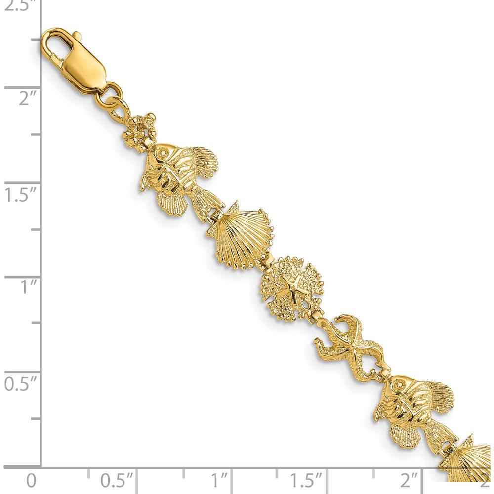 14K Yellow Gold Textured Sea Life Station Bracelet with Fish, Seashell, and Starfish Charms - 7" Length by Oro Pregiato