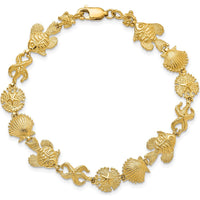 14K Yellow Gold Textured Sea Life Station Bracelet with Fish, Seashell, and Starfish Charms - 7" Length by Oro Pregiato