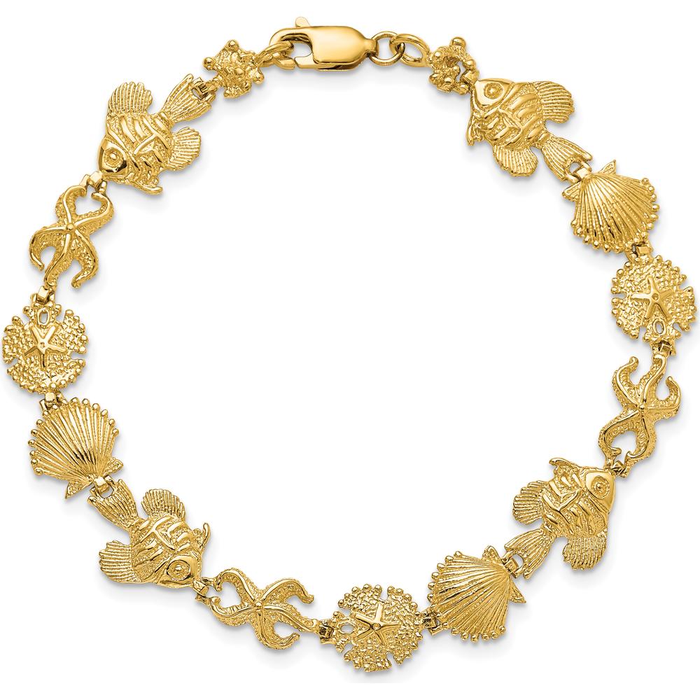 14K Yellow Gold Textured Sea Life Station Bracelet with Fish, Seashell, and Starfish Charms - 7" Length by Oro Pregiato