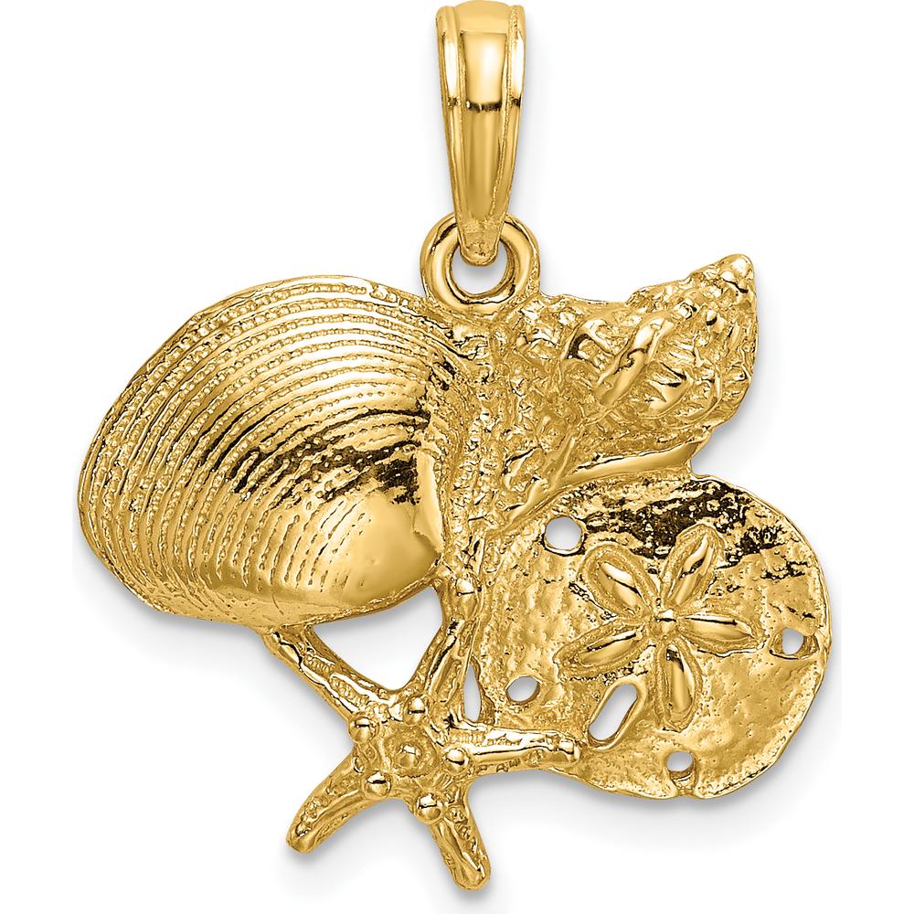14K Yellow Gold Textured Seashell, Starfish, and Sand Dollar Pendant with Polished Finish by Oro Pregiato
