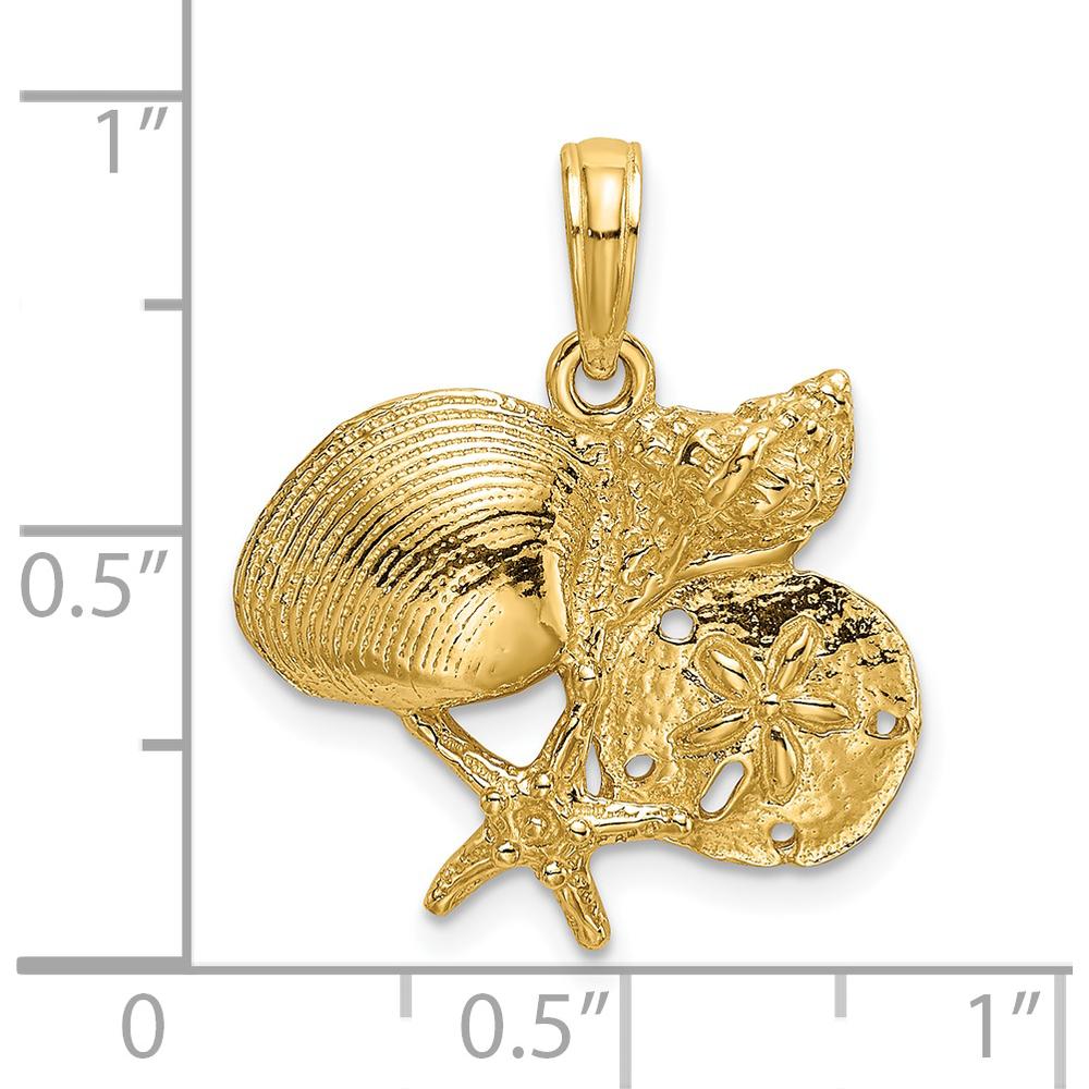14K Yellow Gold Textured Seashell, Starfish, and Sand Dollar Pendant with Polished Finish by Oro Pregiato