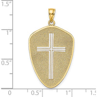 14K Yellow Gold Textured Shield Cross Pendant with Joshua 1:9 Engraving - Faith-Inspired Charm by Oro Pregiato