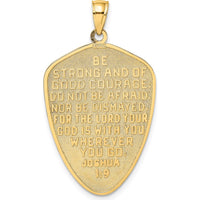 14K Yellow Gold Textured Shield Cross Pendant with Joshua 1:9 Engraving - Faith-Inspired Charm by Oro Pregiato
