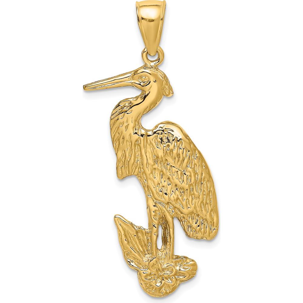 14K Yellow Gold Textured Standing Egret Bird Pendant by Oro Pregiato
