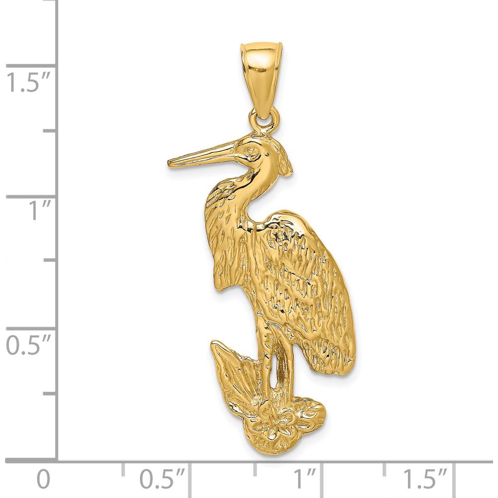 14K Yellow Gold Textured Standing Egret Bird Pendant by Oro Pregiato