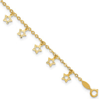 14K Yellow Gold Textured Star Dangle Anklet with 1" Extender - Adjustable Length 10"