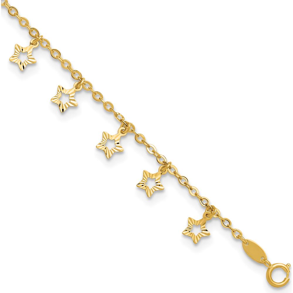14K Yellow Gold Textured Star Dangle Anklet with 1" Extender - Adjustable Length 10"