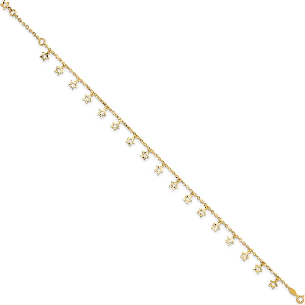 14K Yellow Gold Textured Star Dangle Anklet with 1" Extender - Adjustable Length 10"