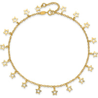 14K Yellow Gold Textured Star Dangle Anklet with 1" Extender - Adjustable Length 10"