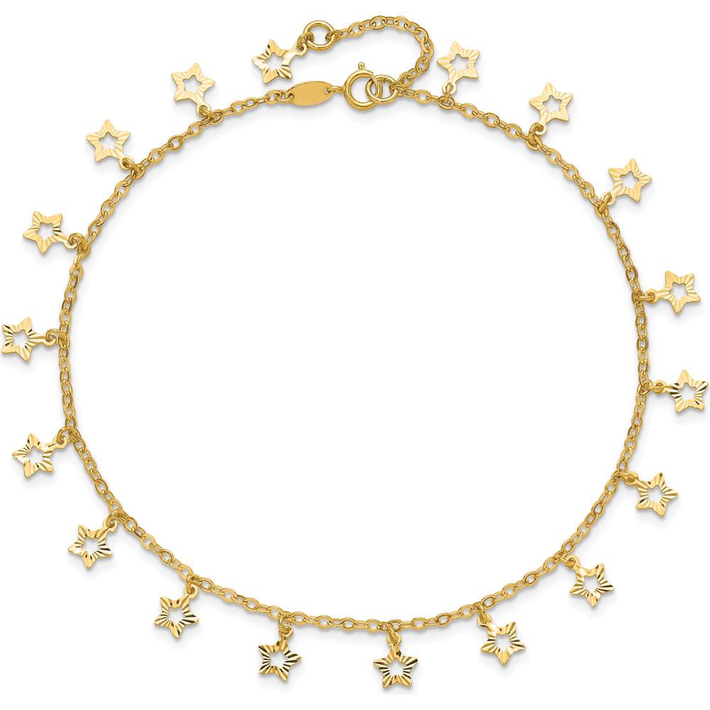 14K Yellow Gold Textured Star Dangle Anklet with 1" Extender - Adjustable Length 10"