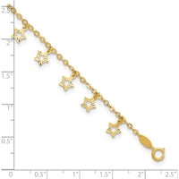 14K Yellow Gold Textured Star Dangle Anklet with 1" Extender - Adjustable Length 10"