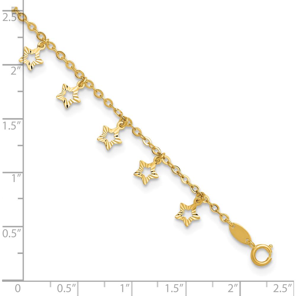 14K Yellow Gold Textured Star Dangle Anklet with 1" Extender - Adjustable Length 10"